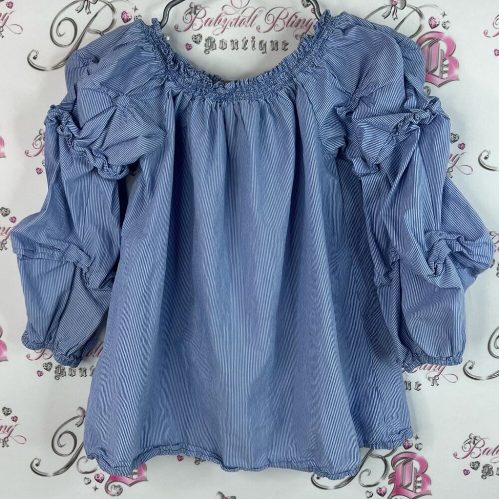 Max Studio top blouse ruffle puffy shoulder cinch Blue Ruched Sleeve Blouse